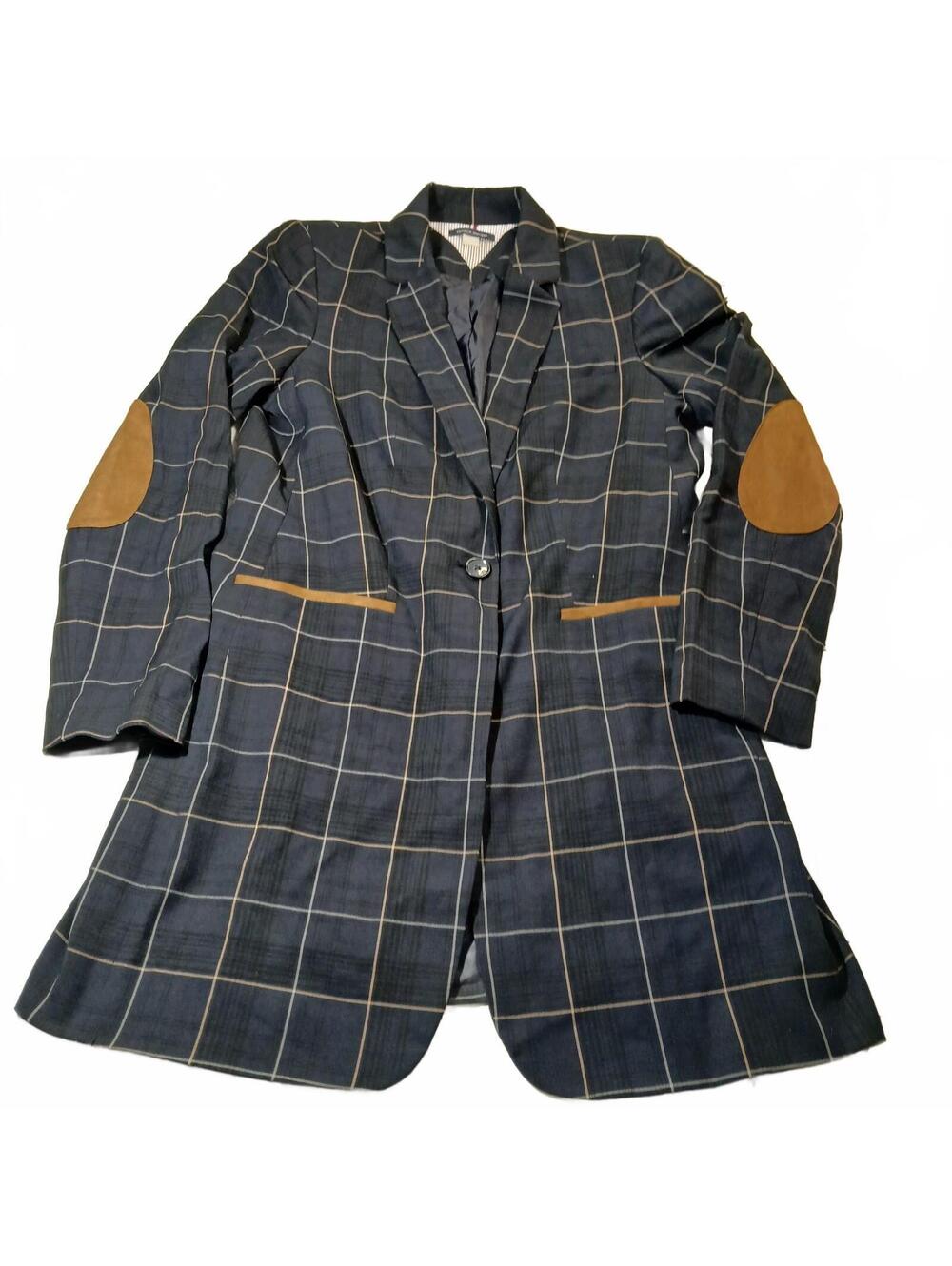 Tommy Hilfiger Preppy Blazer Navy Windowpane Suede Elbow Patch Jacket